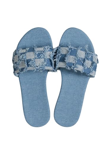 OYOANGLE Women's Plaid Denim Flat Sandals Vintage Raw Trim Open Toe Non Slip Jean Slide Sandals