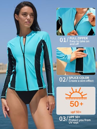 ATTRACO Women's Rashguard Swimsuit Zip Front Sun Protection Swim Shirt UPF 50+4