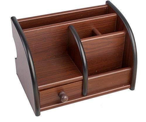 ZINLEY Polished Multi-Functional Wooden Desk Organiser, Pen Stand/Pencil Stand With Drawer, Stationery Stand For Office And Students Use - Mobile Holder For Desk, Brown