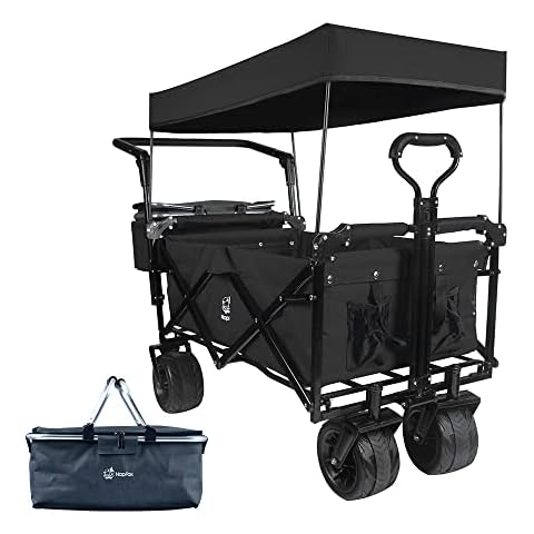 Collapsible Wagon Heavy Duty Folding Wagon Cart with Removable Canopy, 4" Wide Large All Terrain Wheels, Brake, Adjustable Handles,Cooler Bag Utility Carts for Outdoor Garden Beach Cover