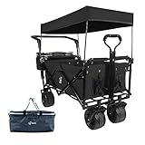 Collapsible Wagon Heavy Duty Folding Wagon Cart with Removable Canopy, 4" Wide Large All Terrain Wheels, Brake, Adjustable Handles,Cooler Bag Utility Carts for Outdoor Garden Wagons Carts Beach Cart