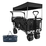 Collapsible Wagon Heavy Duty Folding Wagon Cart with Removable Canopy, 4' Wide Large All Terrain Wheels, Brake, Adjustable Handles,Cooler Bag Utility Carts for Outdoor Garden Beach