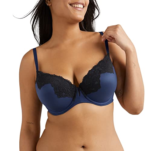 Maidenform Comfort Devotion Your Lift Underwire Bra with Lace Trim, Convertible Straps Reggiseno, Opaque, Navy Eclipse/Black, 4A Donna