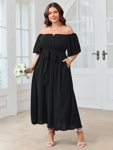 SCOMCHIC Womens Plus Size Formal Dresses Off The Shoulder Wedding Guest Cocktail A-Line Split Maxi Dress with Pockets2