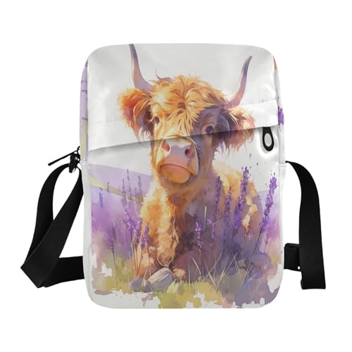 Lovely Brown Scottish Highland Cattle with Lavender messenger bag for women Crossbody Bags For Women Womens Casual Purses Adjustable Strap for Outdoor Daily Casual