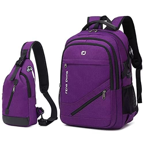 FENGDONG Large Laptop Backpack 17.3 inch Waterproof Travel College Backpack Bookbag,Crossbody Sling Bags for Men & Women Business Backpack Dark Purple2
