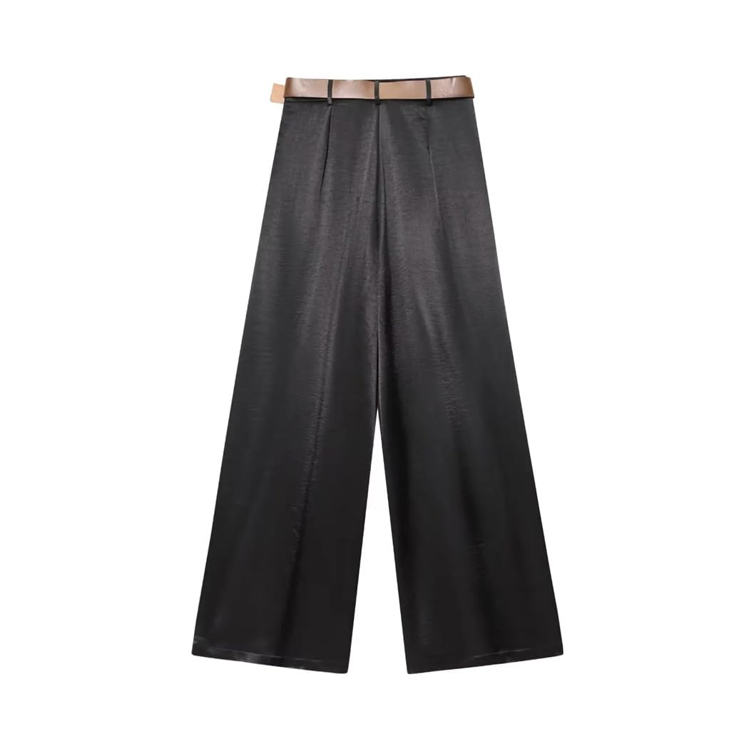 Pantalones de verano plisados de satén para mujer, de pierna ancha, con cinturón, cintura alta, color liso, pantalones ligeros