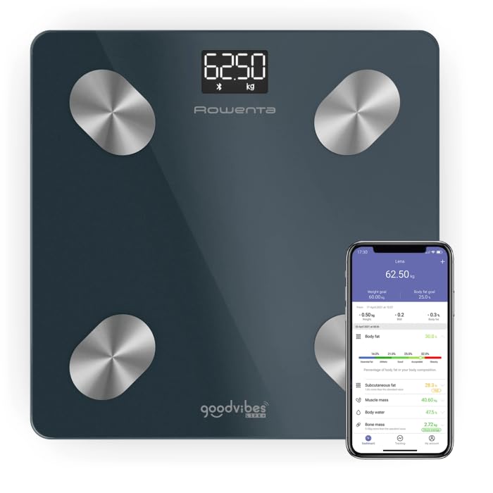 Rowenta Goodvibes LIFE + Bilancia intelligente, Bilancia pesapersone digitale, 10 misurazioni corporee, IMC, Massa grassa, Massa muscolare, App connessa intuitiva, Utenti illimitati, Capacità di 180 k