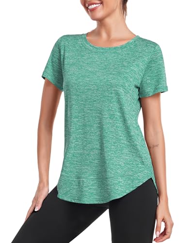 Image of Deaviya Women's Sports T-Shirt Gym Tops, Short Sleeve Workout Casual Running Tops, Ladies Gym Yoga Sports Top, Crew Neck Fitness T-Shirts for Women, Loose Side Split Tee,Light Green 3XL