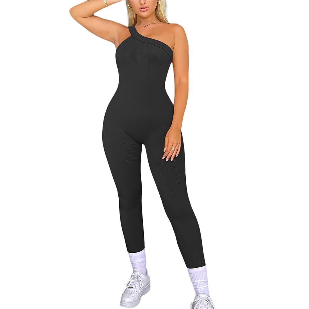 RPAEOY Mujer Deportivo Mono Verano Un Hombro Acanalado Elástico Largo Jumpsuit Sexy Una Pieza Ajustado Romper Sin Mangas Monos de Yoga Gym Acanalado Ejercicio