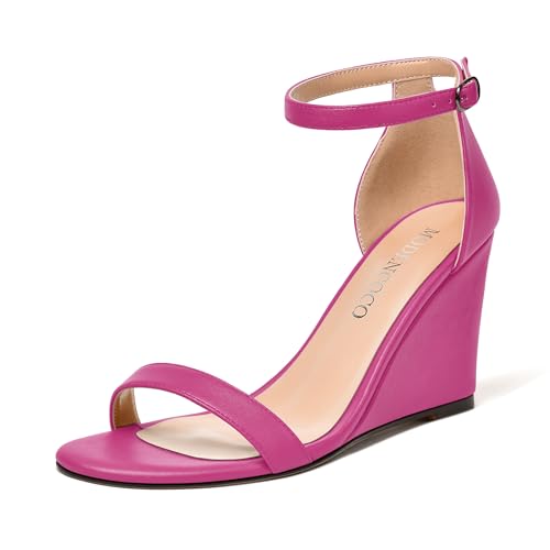 MODENCOCO Womens Matte Comfortable Ankle Strap Buckle Round Toe Casual Bridal Wedge High Heel Heeled Sandals 3.3 Inch