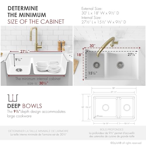 Image of Stylish 30 x 18 Inch Composite Granite Workstation Kitchen Sink, 60 /40 Double Bowl Under Mount & Drop in, 9.5 in Deep, Reversible, with Cutting Board, Colander, Colander & Strainer, White, S-831WH