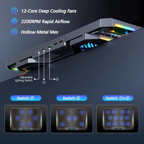 Trullypine Laptop Cooling Pad for 12-17.3 Inches, Powerful 12 Quiet Fans, Fast Cooling, Ergonomic Notebook Cooler Stand, 5 Height Adjustable, 2 USB Ports, Phone Holder (Gearbox)