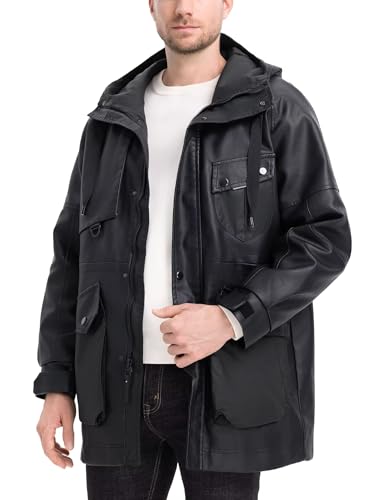 BEST SOUTH Men's Long Faux Leather Winter Jacket Bomber Motorcycle Warm Casual Coat Hood M