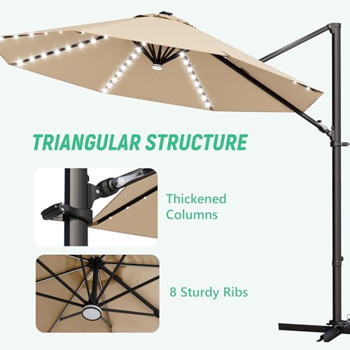 Image of Greesum 10FT Outdoor Patio Umbrella with High Pedel and 4 Gear Heights, Large Offset Umbrella with Solar LED Lights and 360-degree Rotation, Without Base, Hanging Outdoor Shade for Garden, Brown
