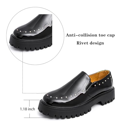 Men's Sparkly Leather Platform Comfort Penny Loafers Round Toe Slip On Lightweight Lug Sole Golden Rivets Dress Shoes for Business Work Daily Wear4