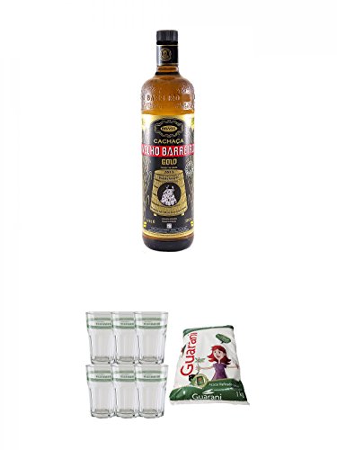 Velho Barreiro Gold Cachaca 1,0 Liter + Velho Barreiro Caipirinha Glas 6 Stück + Guarani Brasilien feiner Rohrzucker für Cocktails 1,0 Kg