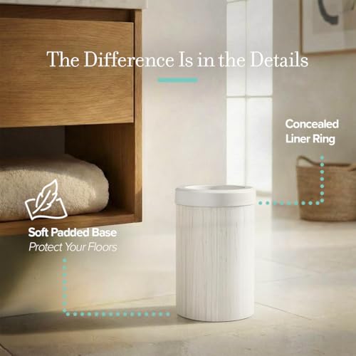 Image of Gatco Small Bathroom Trash Can with Lid, Round 3 Gallon Wastebasket, Under Sink, White Oak with Matte White, for Bathroom, Bedroom, Office (1932W)