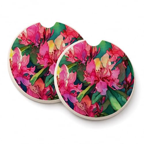 Caroline's Treasures West Virginia Rhododendrons in Watercolor Set of 2 Cup Holder Car Coasters Absorbent Round Sandstone Coasters Gifts for Men or Women, 2.5, Multicolor