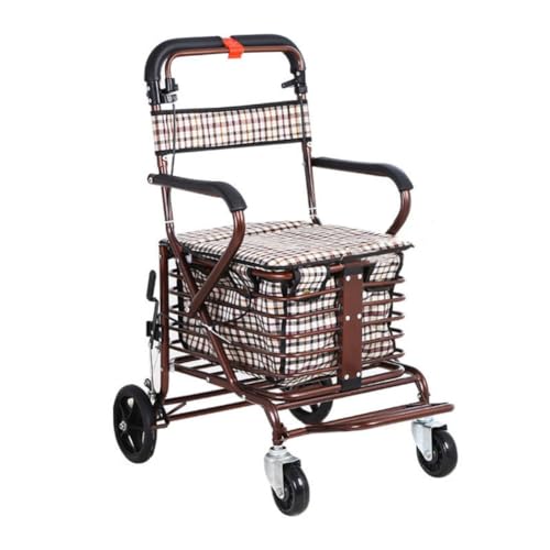 hanshanyan シルバーカー 腰かけ 付き カート 老人用 手押し車 ハンドブレーキ 折りたためる フットペダル付き 高齢者 買い物カート おしゃれ 歩行介助 補助具 散歩 座面付き 高さ調節 ブレーキ付き (銅色 鉄骨 4輪)