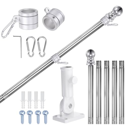 QUARKZMAN Portabandiera Asta Kit con Montaggio Staffa 6FT Inossidabile Acciaio Asta portabandiera Kit con 360° Anello Multiposizione e Asta Bandiera Supporto per Casa Portico 1 Dia Interno