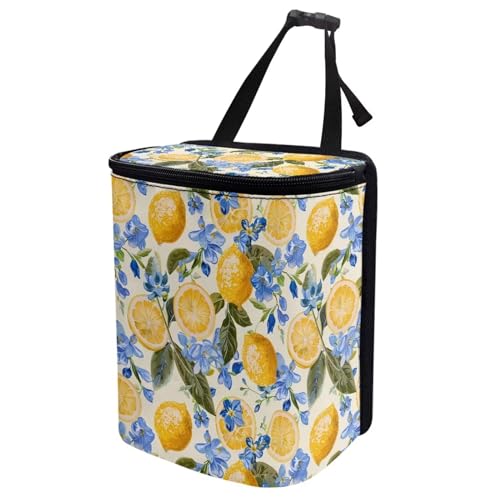 Image of Talayituse Lemon Floral Print Car Trash Can with Adjustable Straps, Foldable Car Trash Bag Bin Car Garbage Bag Multipurpose Storage Box for Vehicle Travel Camping Picnicing