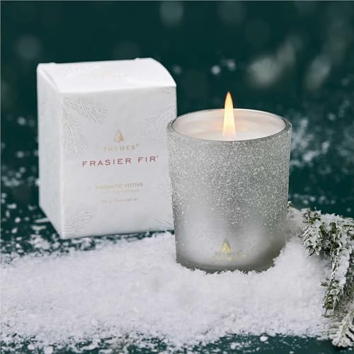 Thymes Frasier Fir Flocked Jar Candles – Holiday Scented Candles for Home with Notes of Crisp Siberian Fir, Cedarwood & Sandalwood – Luxury Home Decor Gifts for Women & Men (Votive, 2 oz)