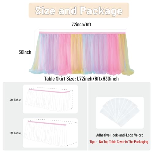 72in Rainbow Tulle Table Skirts for Rectangle Tables 6/4ft, 2-Layer Pastel Color Unicorn Ruffle Tulle Tutu Cloth Table Skirt 6ft for Girl Birthday Party Baby Shower Cake Dessert(No Table Cover)