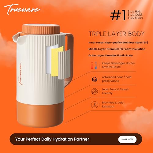 Image of Trueware Amaze ISI Certified Inner Steel Thermoware 1000 ML Hot & Cold Flask Jug, BPA Free, Leak Proof, Ideal for Tea, Coffee, Water, Hot and Cold Beverages