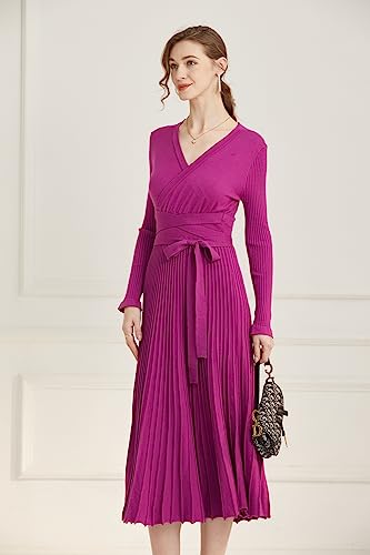 Image of RanRui Womens Winter Fall Pleated Knitted Fit and Flare Long Sleeve Sweater Dress