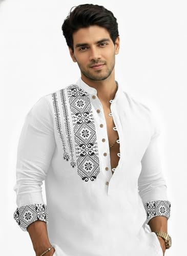 Image of Amazon Brand - INKAST Men's Cotton Blend Mandarin Collar Self One Design Full Sleeve Casual Short Kurta