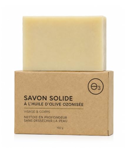 Savon solide à l’huile d’olive ozonisée, savon antibactérien corps et visage, formule bio naturelle pour peau grasse et sensible, nettoyant doux artisanal pour usage quotidien, dès 3 ans, 100 g
