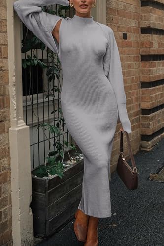 PRETTYGARDEN Women's Fall 2 Piece Outfits Knit Long Sleeve Cropped Cardigan Pullover Sweater Maxi Dress Sets Winter Clothing