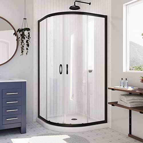 DreamLine Prime 36 in. x 36 in. x 74 3/4 in. Semi-Frameless Clear Glass Sliding Shower Enclosure in Matte Black with White Base Kit