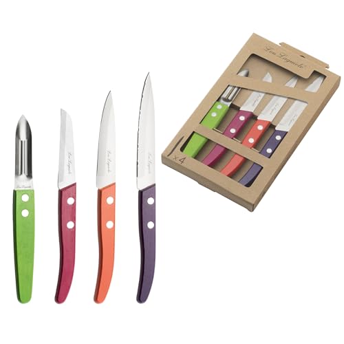 Lou Laguiole 497592NT01KK4 Forest - Set di 4 coltelli essenziali, acciaio inossidabile, legno colorato, 22 x 13 x 2 cm