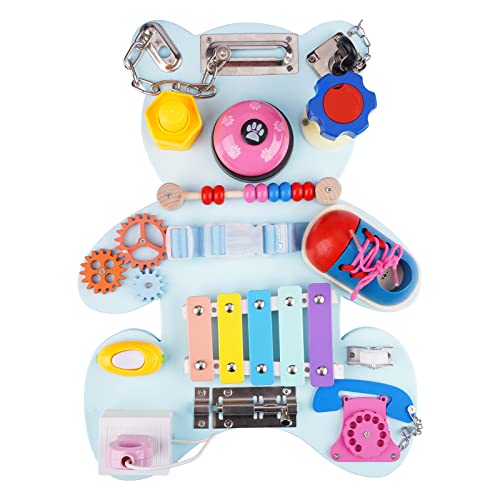 Busy Board Bear for Toddlers Wooden Montessori Toys Sensory Toy Busy Board Educational Learning Toys for Toddlers Busy Cube Activity Board,Lock & Latches Board with Buckle, Zipper, Xylophone, Bell