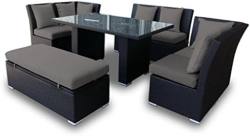 Jamaican Outdoor Wicker Patio Furniture Sofa and Dining Set Combination in Brown Wicker with Light Gray Cushions