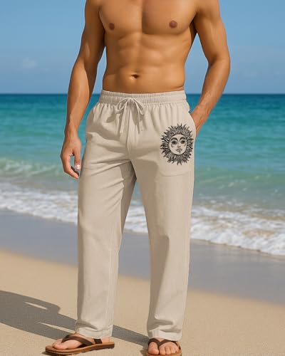 Men's Linen Beach Pants - Lightweight Printed Drawstring Waist for Vacation Yoga4