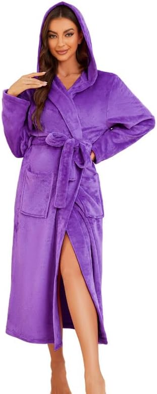 Womens Long Hooded Fleece Robe, Soft Warm Spa Bathrobe for Cozy Lightweight Loungewear