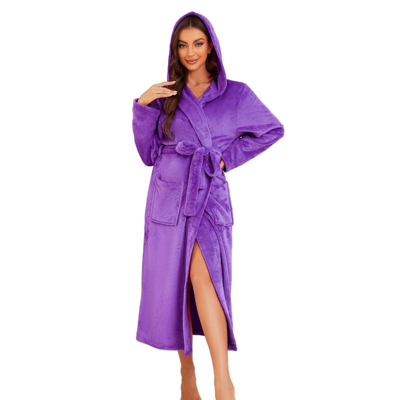 EK4YDNDS Damen Flauschig Bademantel mit Kapuze, Plüsch Bademantel Lang mit Taschen Fleece Mogenmantel leicht weich Spa