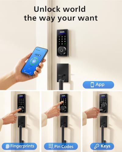 Image of Philips Wi-Fi Smart Lock with Handle, WiFi Keyless Entry Keypad Door Lock with Handle, Front Door Deadbolt Set, Fingerprint Unlock, PIN Code Unlock, Auto Locking, App Remote Control, Bulit in WiFi