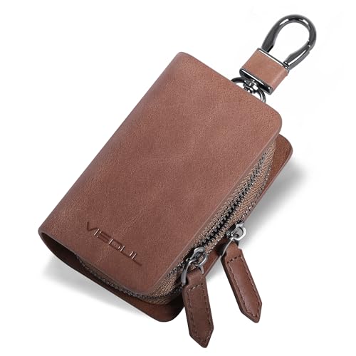 Image of VISOUL Car Key Case Holder Double Zipper, Leather Car Smart Key Fob Case with Keychain for Men and Women