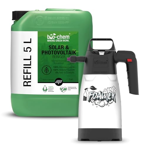 bio-chem Limpiador fotovoltaico solar y fotovoltaico – 5 litros concentrado incluye pulverizador de espuma – diluible hasta 1:20 – eficaz en profundidad y respetuoso con el material – Fabricado en