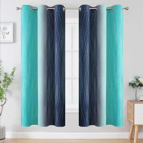 Estelar Textiler Navy Blue and Teal Blackout Curtains for Living Room, Full Room Darkening Grommet Ombre Curtains for Bedroom, Thermal Insulated Light Blocking Gradient Drapes, 42Wx72L, 2 Panels