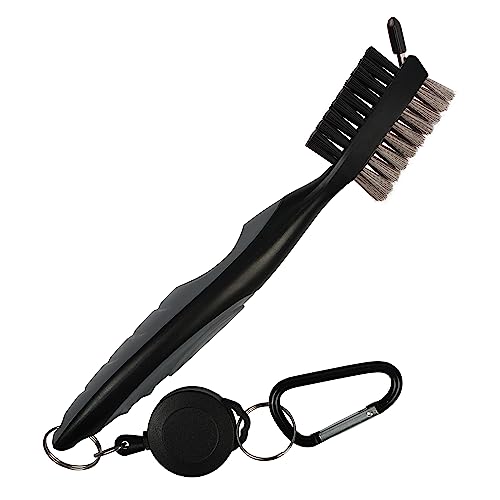 K&V GOLF Retractable Grey & Black Golf Club Brushes with Groove Cleaner - 2ft Zip Line Aluminium Loop Carabiner Hanging Bag Clip - Ergonomic Rubber Grip Handle - 2 Brushes and Groove Cleaning Tool Kit