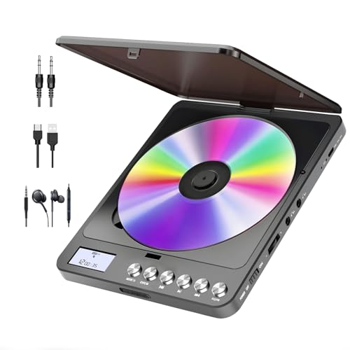 CCHKFEI Lecteur CD Portable Bluetooth avec Haut-Parleur, Rechargeable Lecteur CD Voiture Transmetteur FM Antichoc, Double Prise Casque 3.5mm Cadeaux pour Papa,...