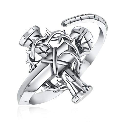CCWPXX Sterling Silver 3 Nails Cross Ring Crwn of Thorn Jewelry Inspirational Faith Gift for Women Christian