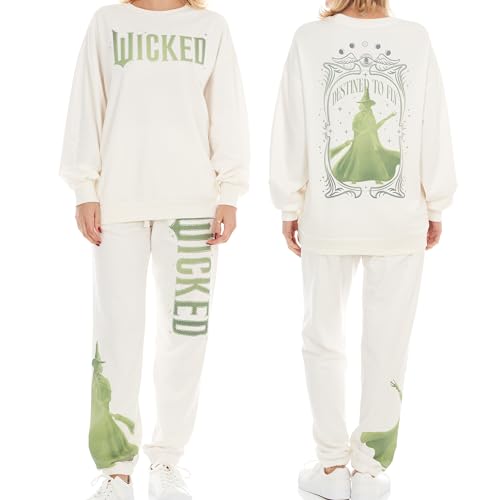 Wicked Womens Ladies & Juniors Off-White 2-Piece Crewneck & Jogger Set with Screen Print & Iridescent Rhinestones