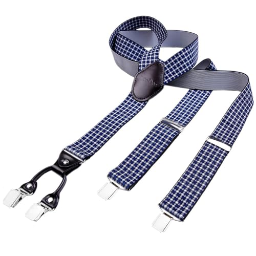 DonDon Tirantes hombre anchos 3,5 cm con 4 clips extra fuertes tirantes para pantalones hombre y parche de cuero marrón azul blanco con dibujos