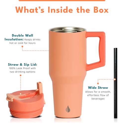 Image of Elemental 100% Leak Proof 32oz Tumbler with Handle & Straw Travel Mug | Stainless Steel Double Wall Insulated Tumbler for Hot and Cold Beverages with Sip & Straw Lid